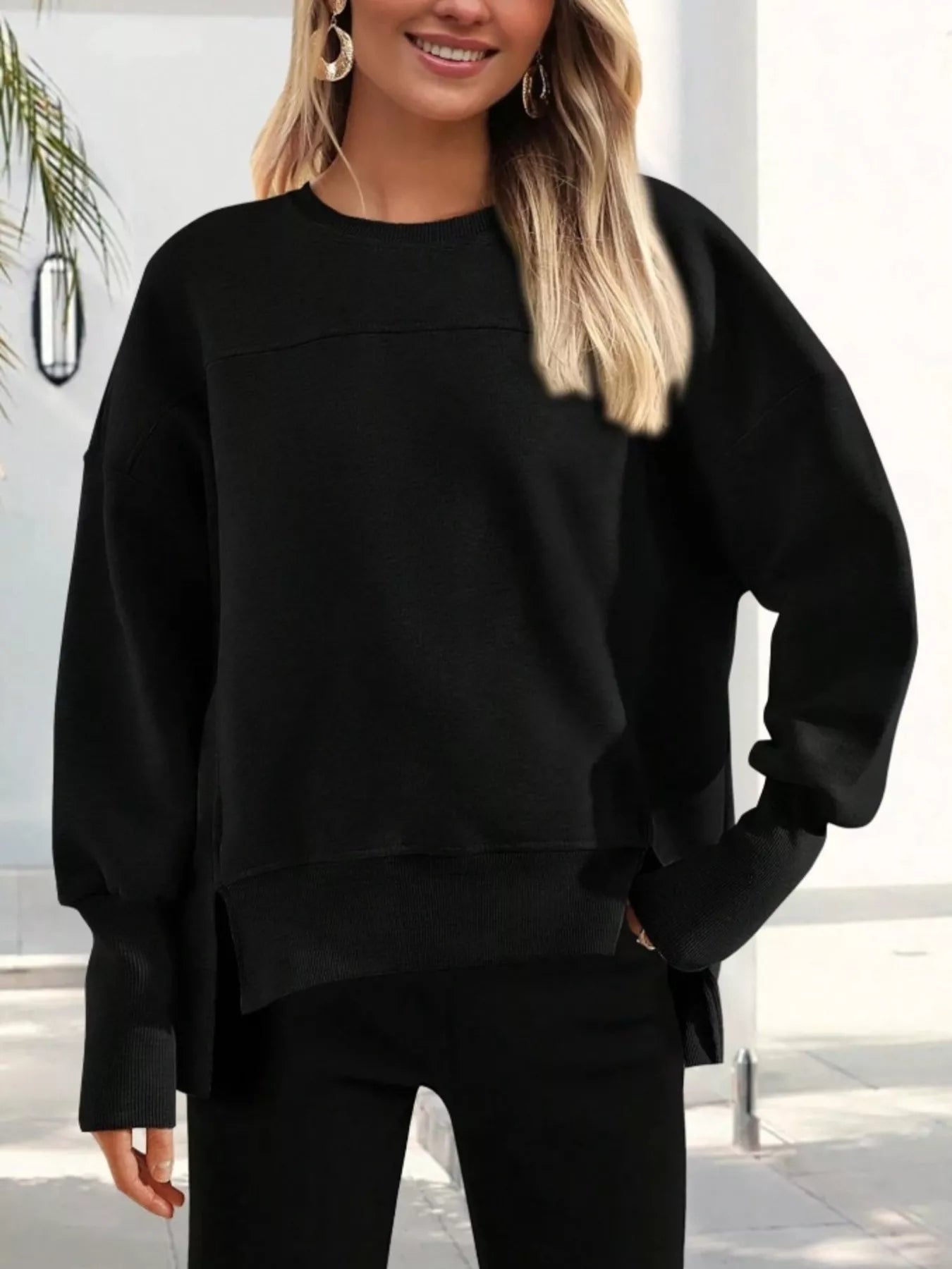 Slit Round Neck Dropped Shoulder Sweatshirt 06c0688d41634b7591d948c3f53093c0-Max-Origin