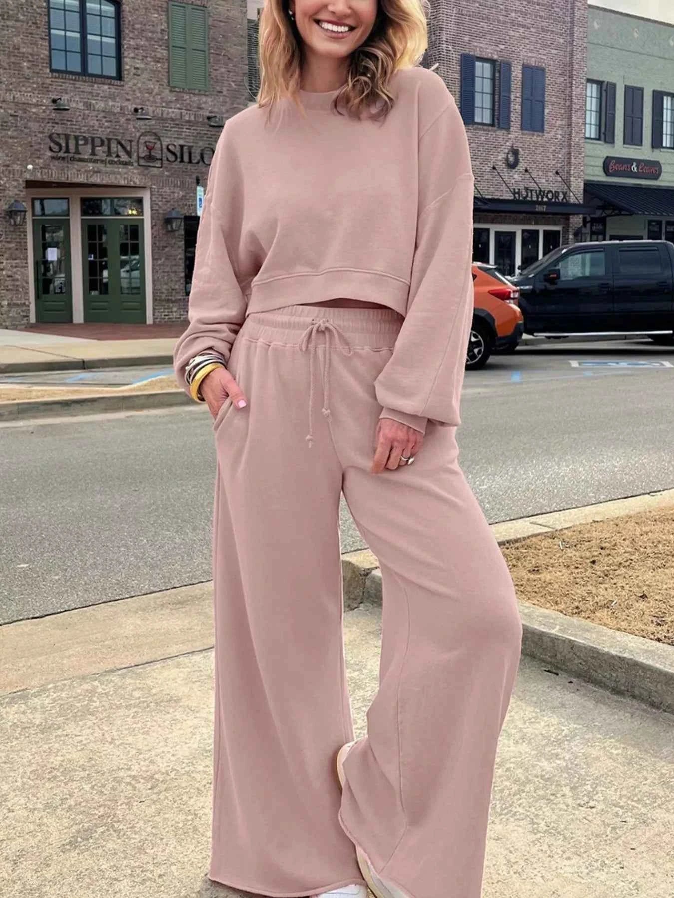 Drop Shoulder Puff Sleeve Crop Top and Drawstring Wide Leg Pants Set 06c26321-a9b7-4ca6-a266-55ed557b8418-Max-Origin