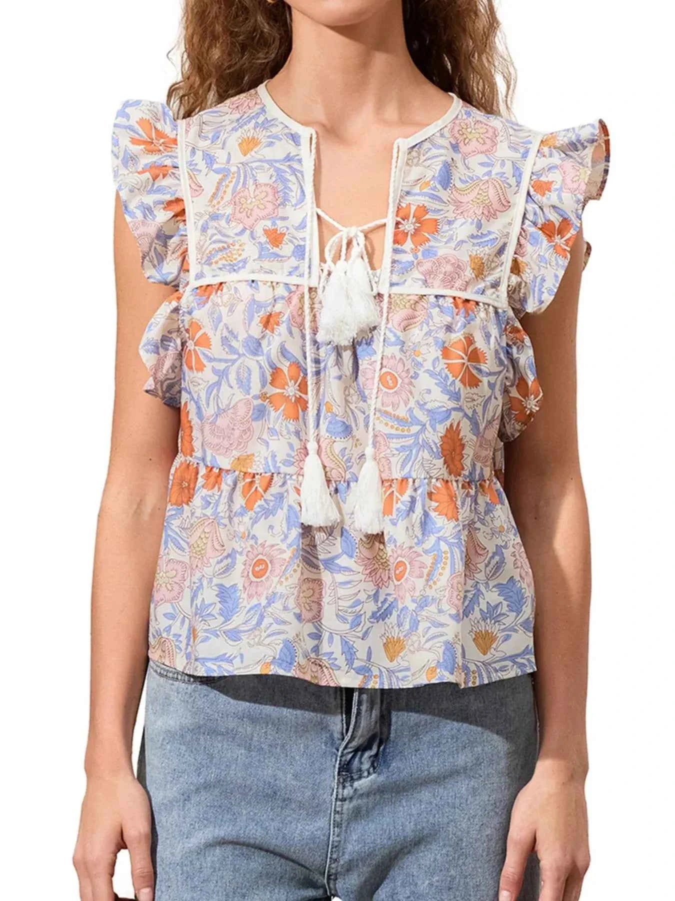 Tassel Ruffled Striped Blouse Blue-orange 06cff76b-88fa-41c1-bcc7-6a16280a90de-Max-Origin