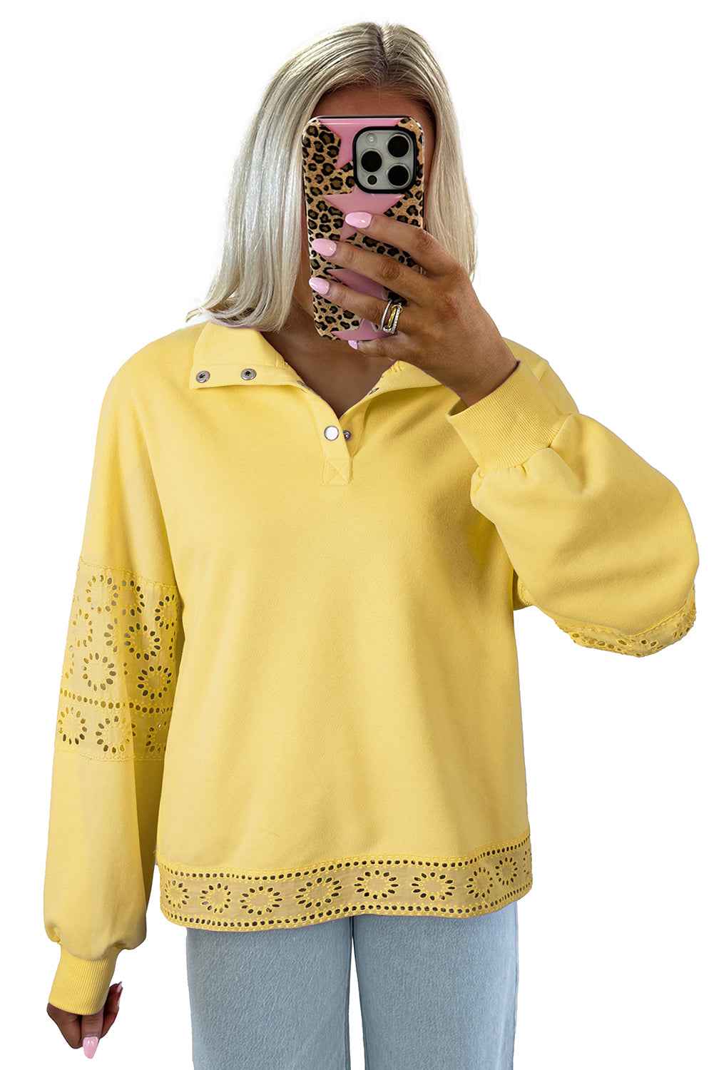 Yellow Cream Embroidered Flower Patchwork Snap Buttons Pullover Sweatshirt 070d272ac7a1adb0