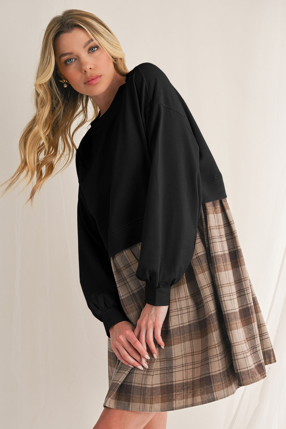 Black Plaid Patchwork High Waist Sweatshirt Mini Dress 071c2f4b49656091
