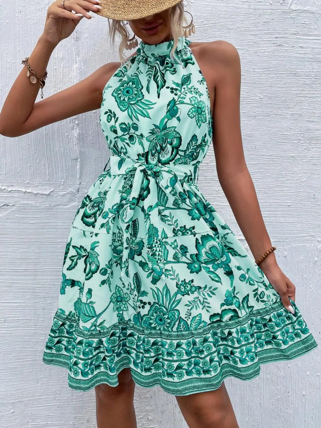 Printed Tie Waist Mini Dress Green 07206232-9a1e-4fe9-95f8-d735e533ecb7-Max-Origin