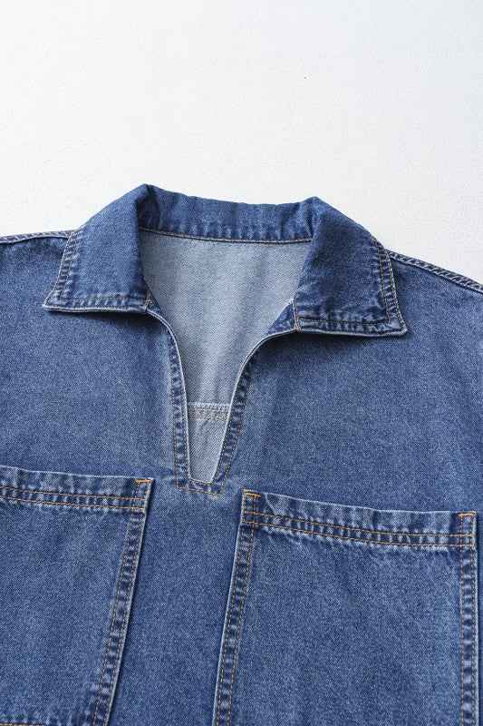 Solid Denim Collared Patch Pocket Mini Dress 0723997c-9a52-48b6-a59e-58cd9f7ec6f9