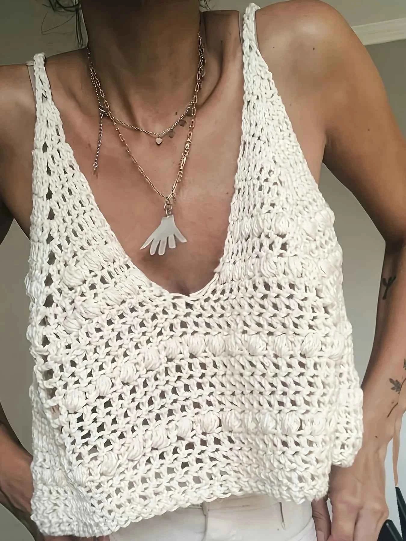 Crochet Knit V-Neck Sweater Vest White 072522ef39434fff8c822167abf0361e-Max-Origin