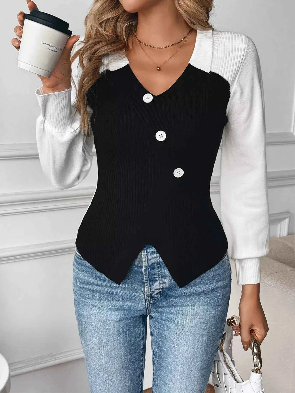 Color Block V-Neck Sweater Black 072e892055cf45f89873fe32340c1ef9-Max-Origin