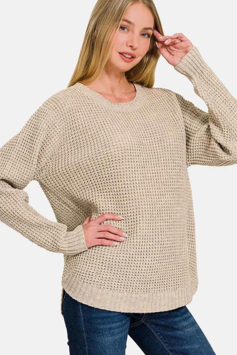 Zenana High Low Long Sleeve Waffle Sweater H Beige 0735992a-9131-4ee3-89ba-1f0875d58691-Max