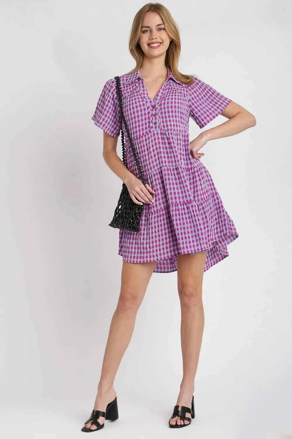 Umgee Full Size Gingham Tiered Button Detail Short Sleeve Dress Plus Size 0737e950-6697-4d92-9840-dc8348718b2d-Max