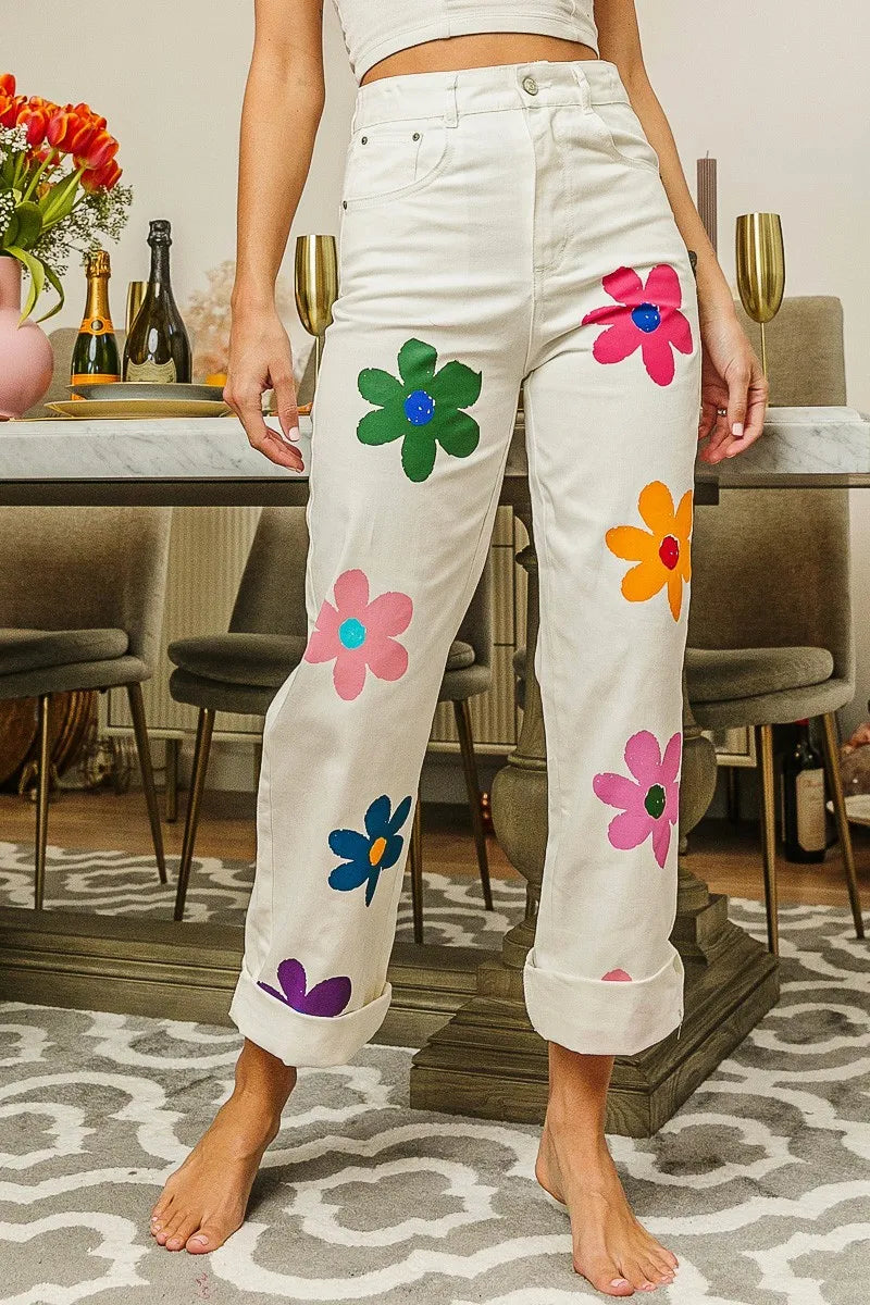 BiBi Flower Print Straight Legs Pants OFF WHITE 0746a320b9224f69a69268375f49e07d-Max-Origin