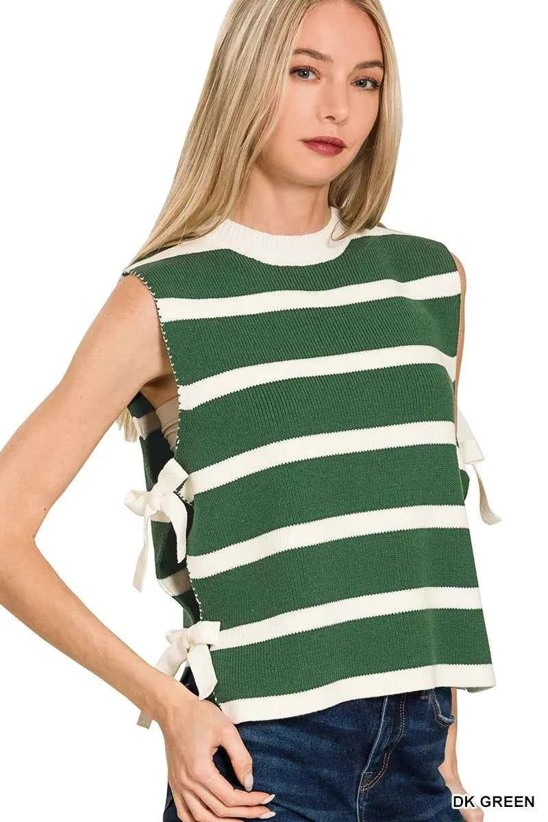 Zenana Side Tie Stripe Sweater Vest DK GREEN 07748c7f53b146b0b47640030dfe8cf4-Max-Origin