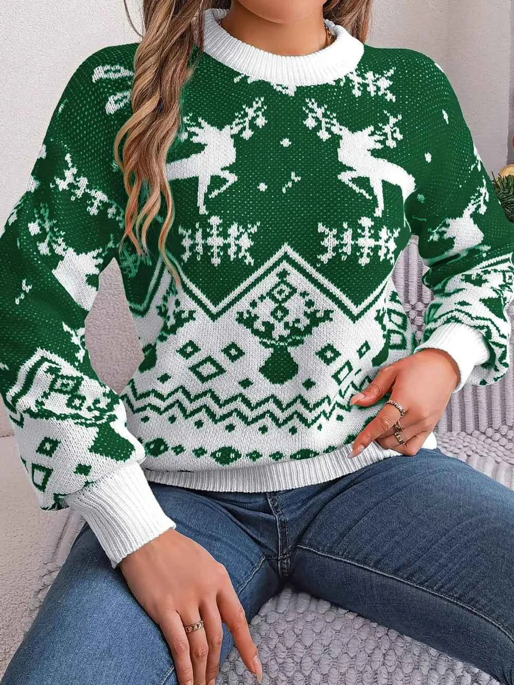 Christmas Element Round Neck Long Sleeve Sweater Dark Green 077d30ca-df48-4956-bdd1-f9c75b26cefa-Max