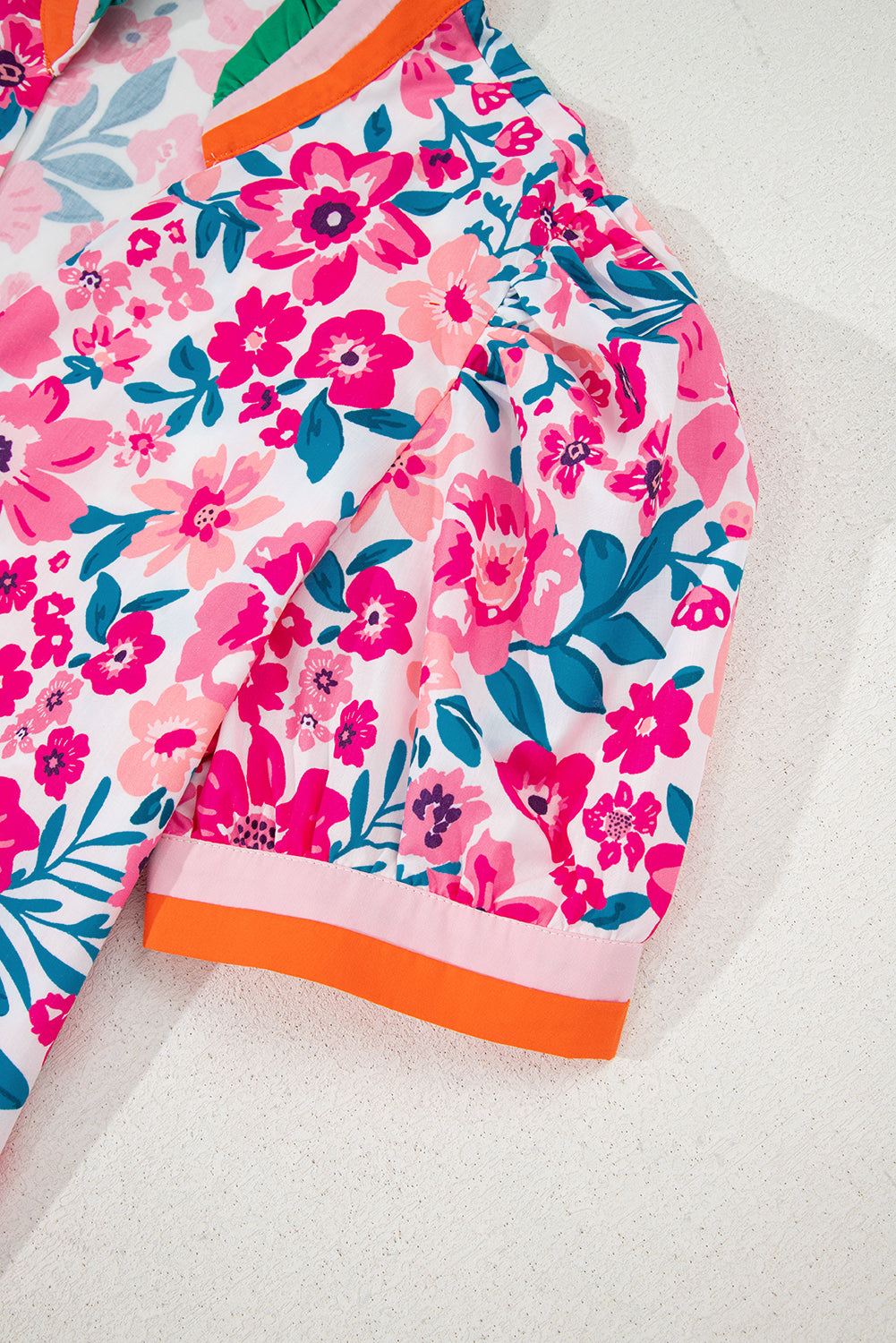 Pink Floral Print Striped Trim Puff Sleeve Blouse 077fa77f0c21deb7