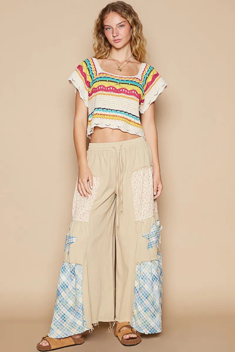 POL Openwork Ethnic Pattern Square Neck Cropped Knit Top 0789261c-afa1-4c2a-bd79-4b94b4f1c065-Max