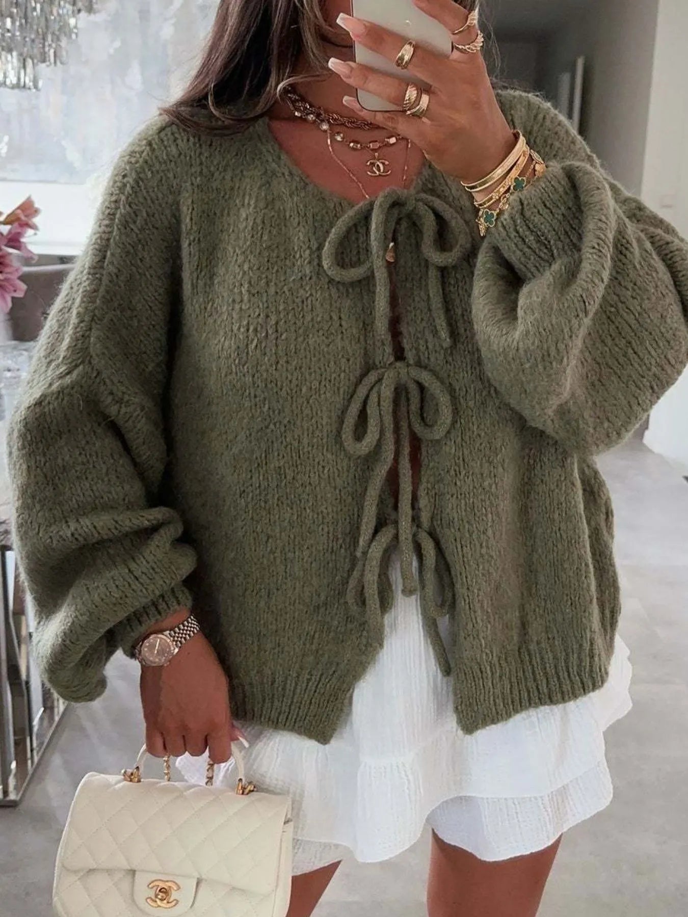 Cozy Bow-Tie Front Knit Cardigan Army Green 079a8e8f-79bd-4d8a-a938-6a97ce618eff-Max-Origin