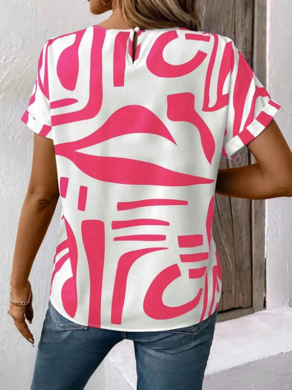 Contrast Round Neck Short Sleeve Blouse 079b69a9-9d01-4ae0-8285-a3caa9a31365-Max-Origin