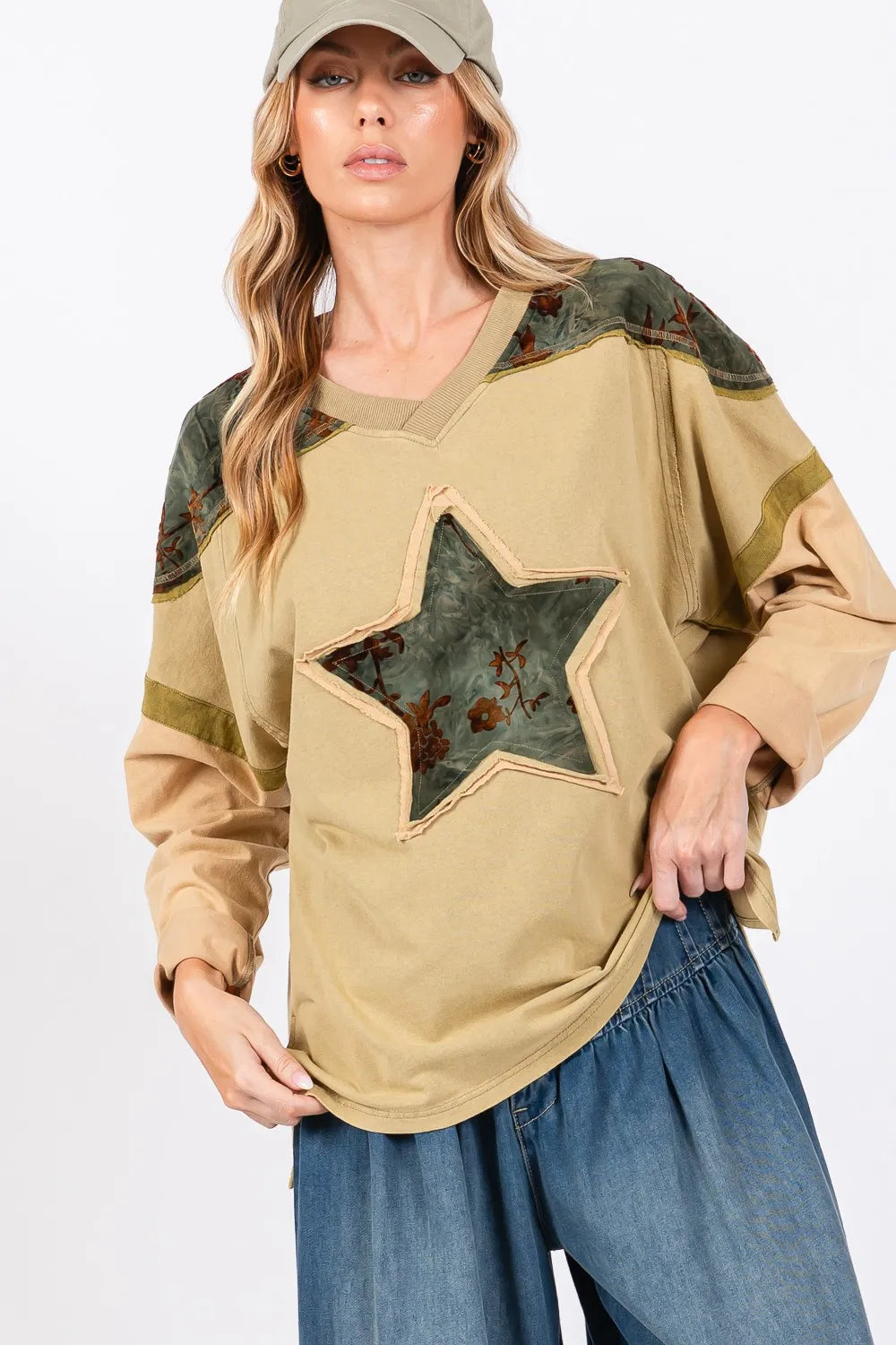 SAGE + FIG Star Patch Long Sleeve Color Block T-Shirt Olive 07ef24c1-5139-4017-af9e-090c50d9fa9d-Max