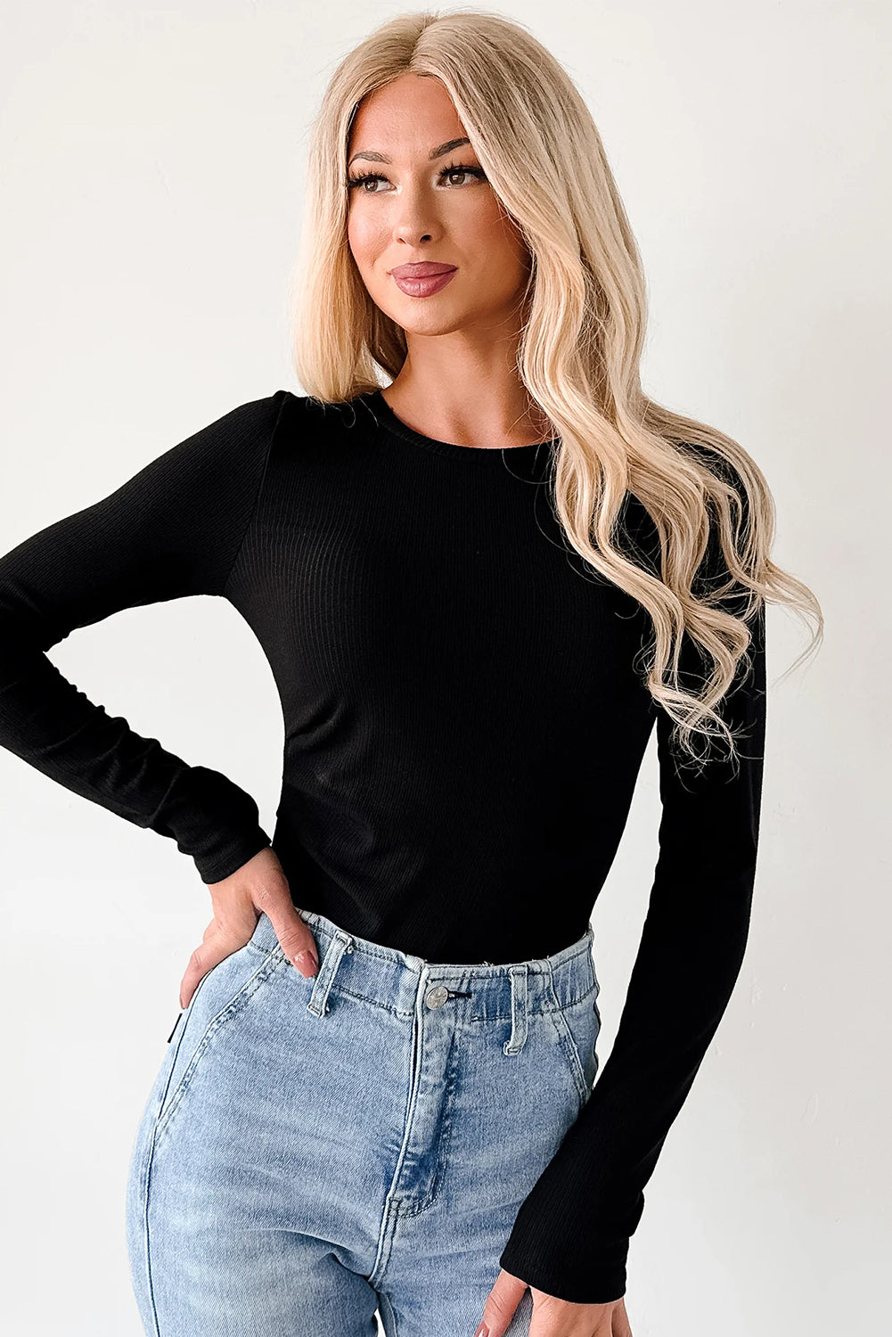 Black Ribbed Long Sleeve Crew Neck Solid Color Bodysuit 07f136d8a8cc829a
