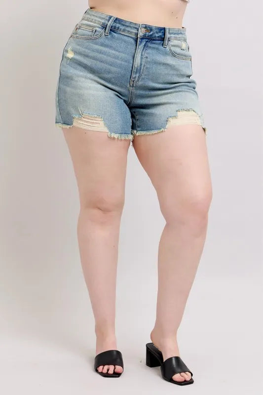 Judy Blue Full Size High Rise Washed Fly Stitch Detail and Destroy Denim Shorts Plus Size 07f751a4-9a5e-44ba-b9ea-3c3de4135eeb-Max-Origin