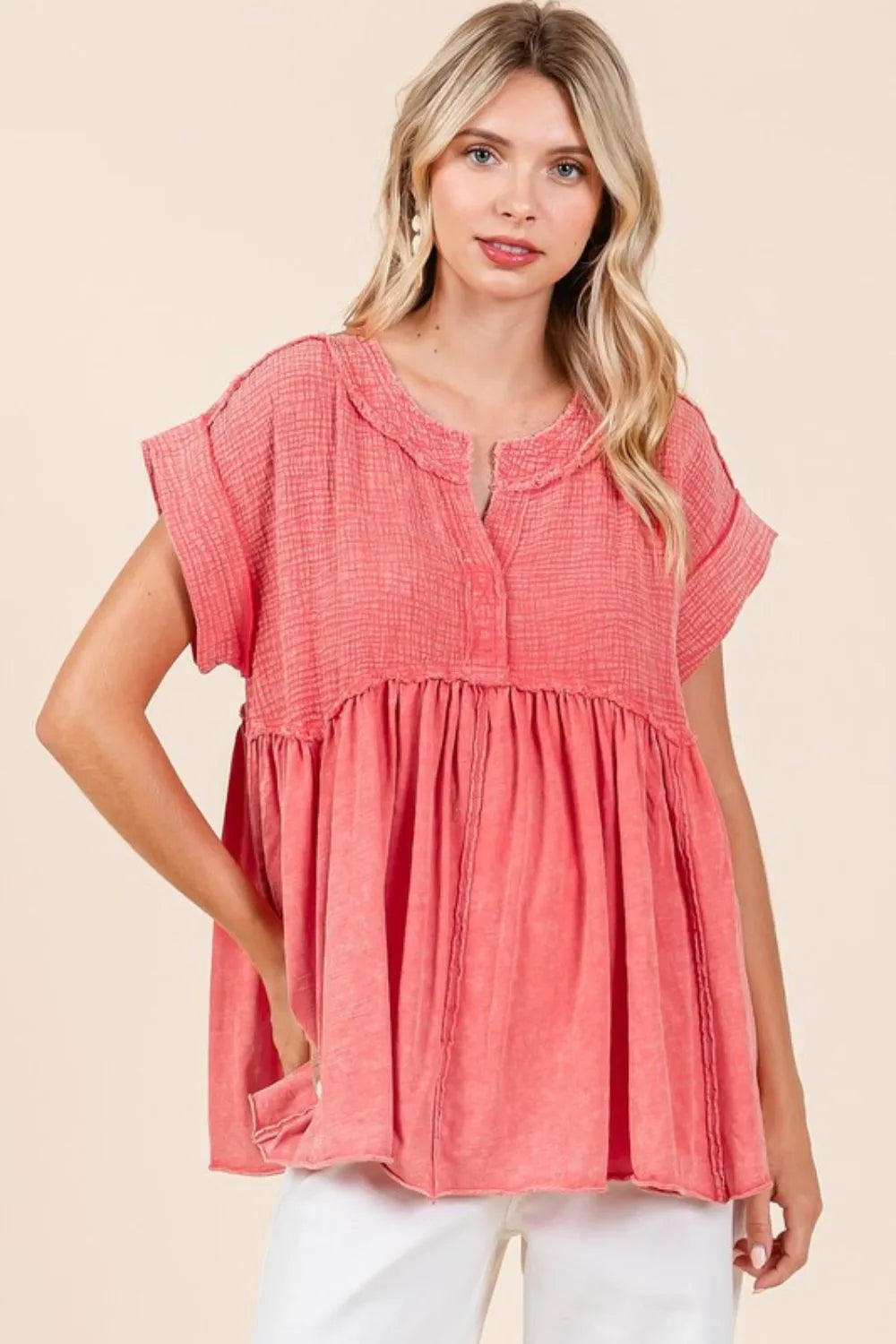 Mittoshop Mixed Media Mineral Wash Babydoll Short Sleeve Blouse 080da3f7-44dd-4003-b057-657e3f20053c-Max