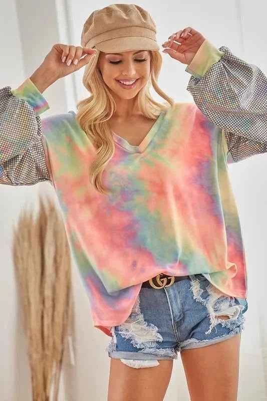 BiBi V Neck Tie Dye French Terry Top with Shiny 0810496a64614854ba20007bc2261d65-Max-Origin
