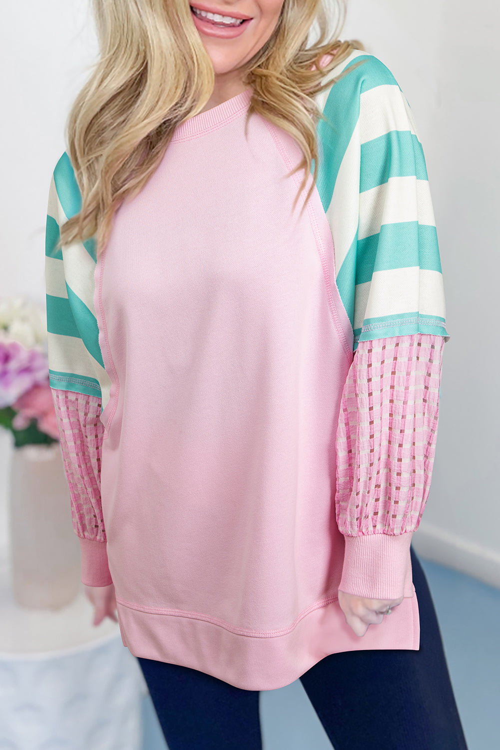 Bonbon Striped Colorblock Patchwork Raglan Sleeve Top Bonbon 65%Polyester+35%Cotton 081ffc4d24ab263b