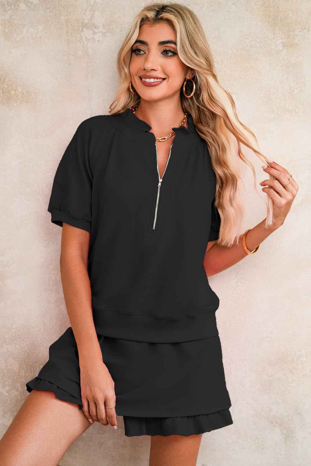 Sea Green Half Zip Puff Sleeve Top and Ruffle Shorts Set 0862f87a0f88df66