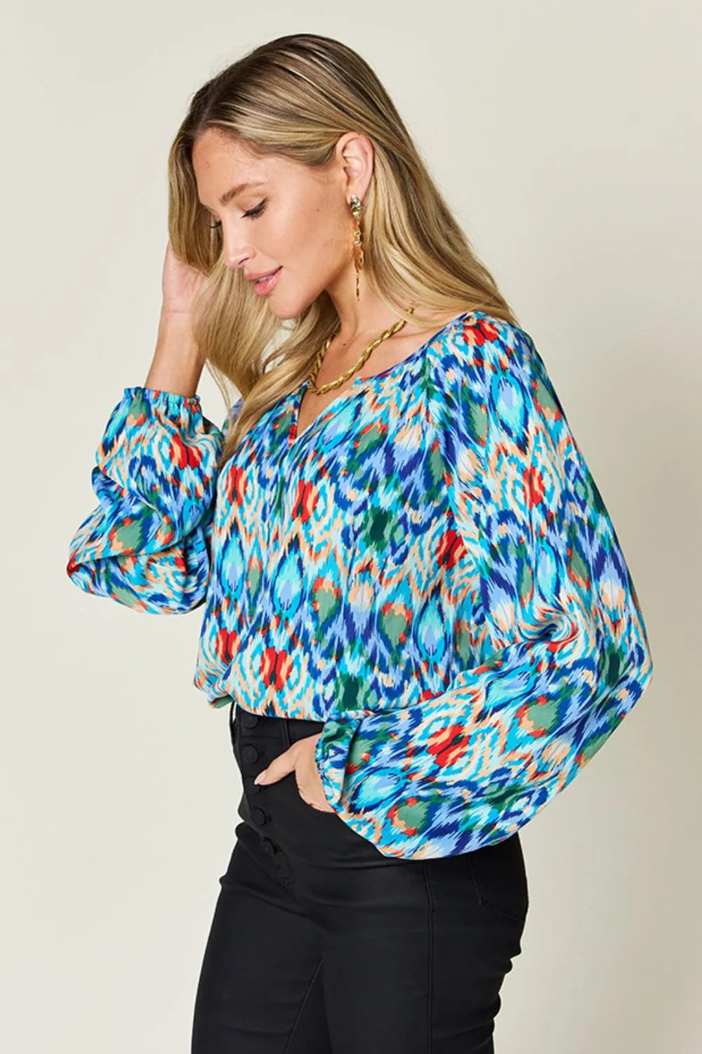 Double Take Full Size Printed Balloon Sleeve Blouse 08641ec5-b959-4dc8-b237-6e265842124a-Max