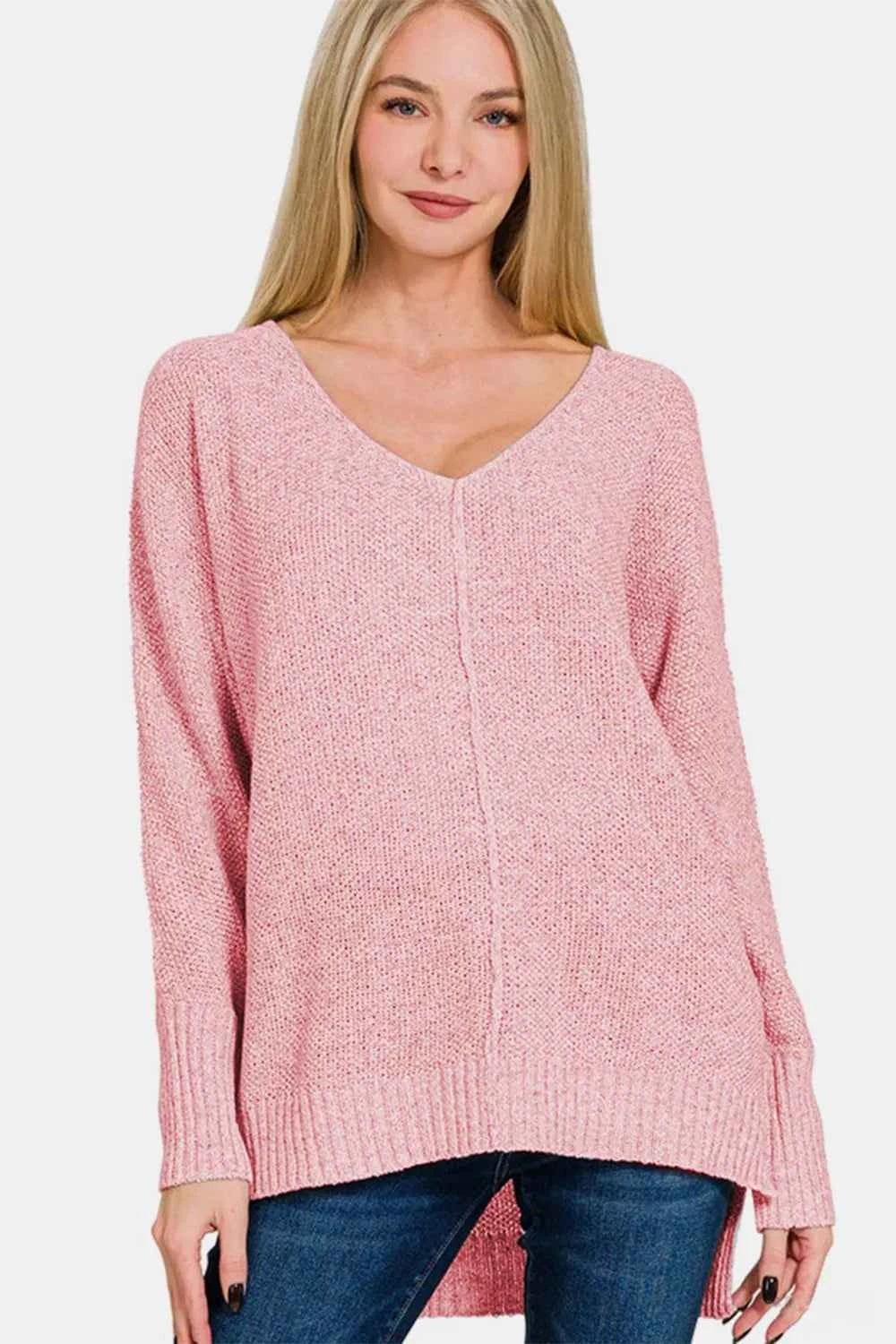Zenana High-Low Center Seam V-Neck Sweater Dusty Pink 08968c5b-3b1b-4d23-892c-3e371a65b188-Max