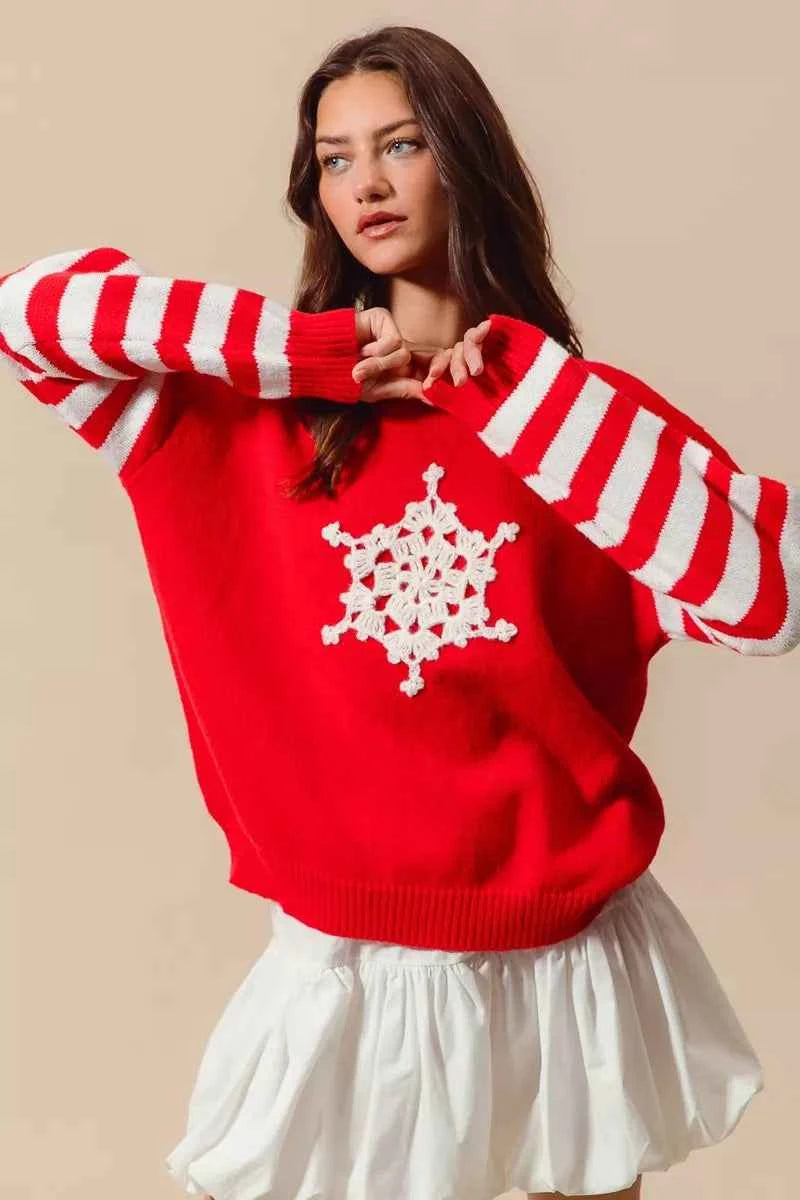 SO ME Christmas Snowflake Crochet Embellished Sweater RED IVORY 08ad6f1d2dda4a6c822ffe835f1a7d40-Max-Origin