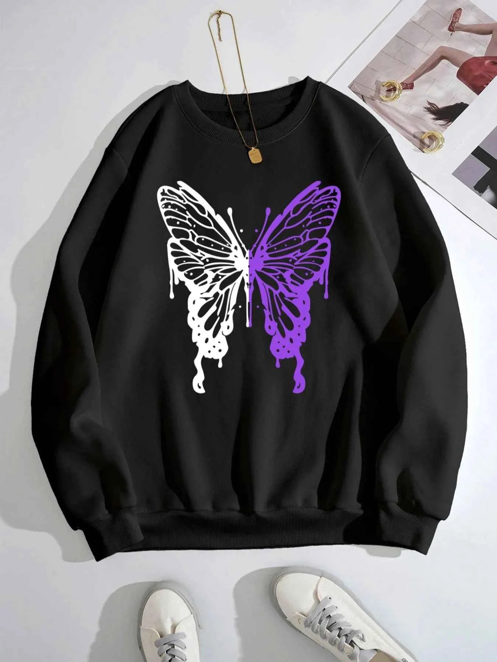 Butterfly Round Neck Long Sleeve Sweatshirt Black 08b22c4a-2add-43cc-ac82-6ebee1df31f3-Max-Origin