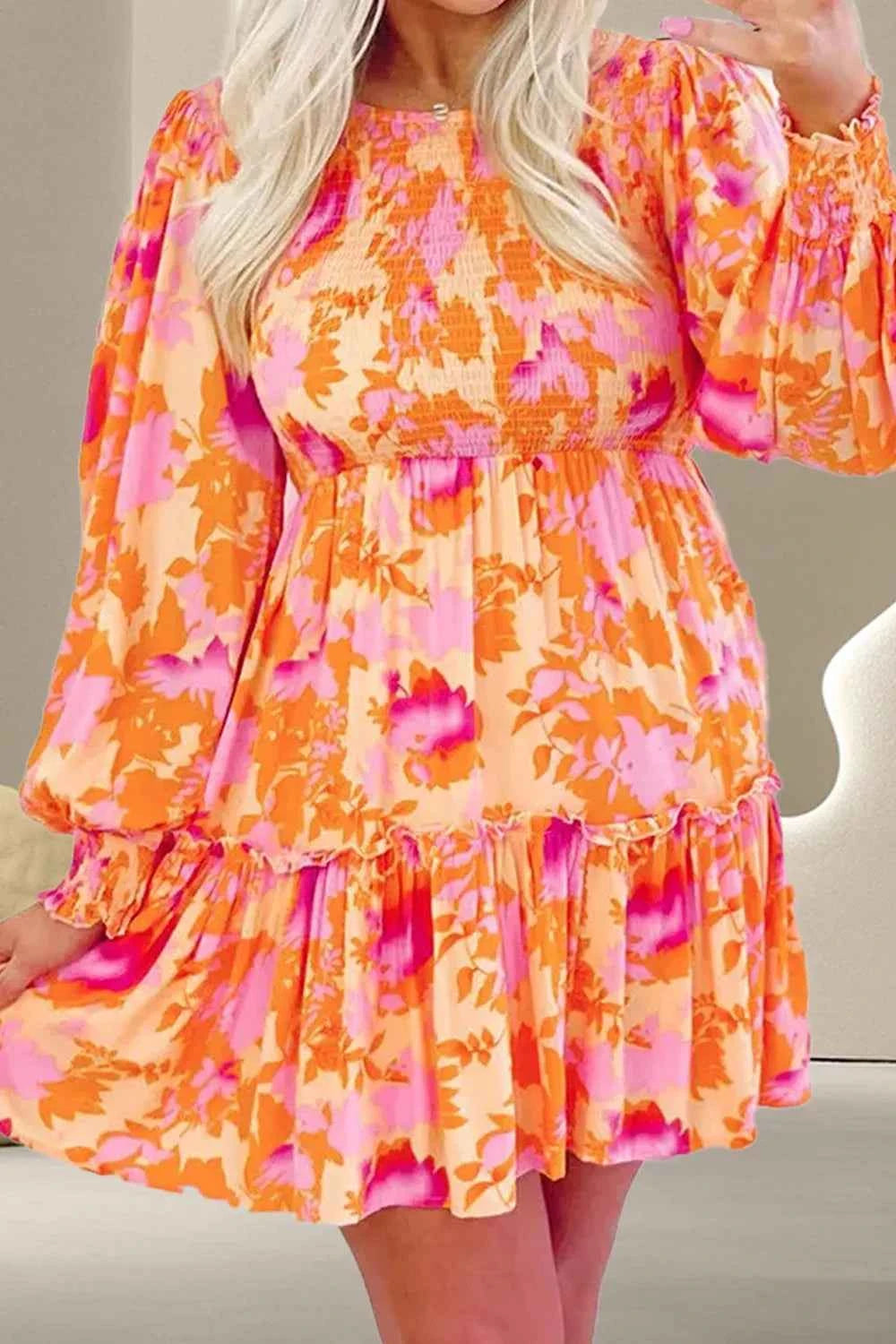 Frill Printed Long Sleeve Mini Dress Tangerine 08b335a5-8e62-45b4-87ca-95ab9bba5729-Max