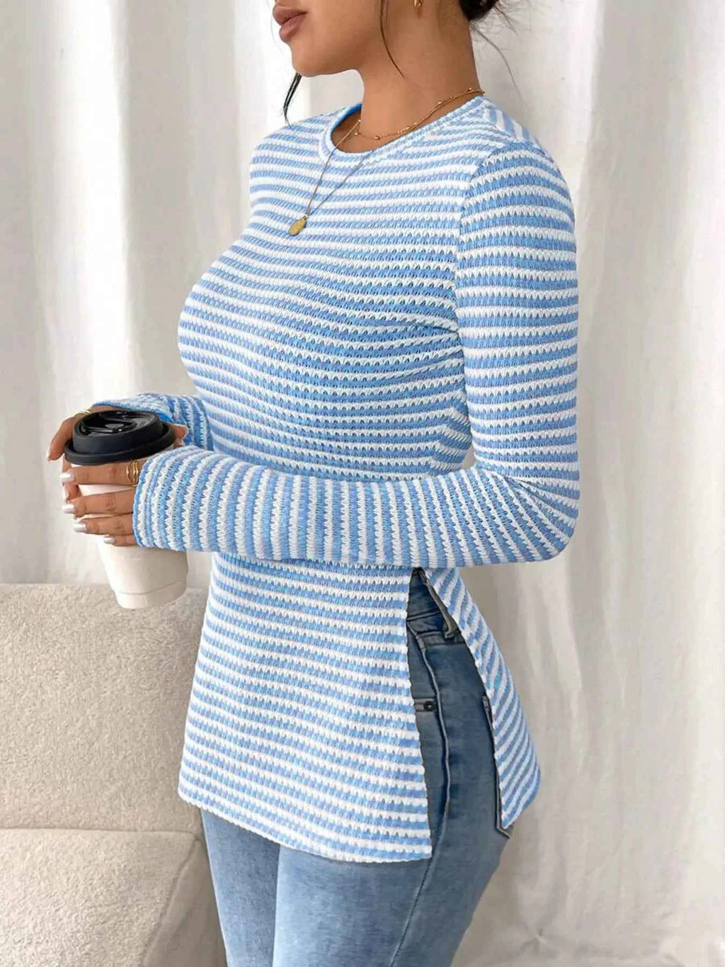Side Slit Striped Long Sleeve T-Shirt 08b3d5c7d5bc441fb4c191848a187fba-Max-Origin