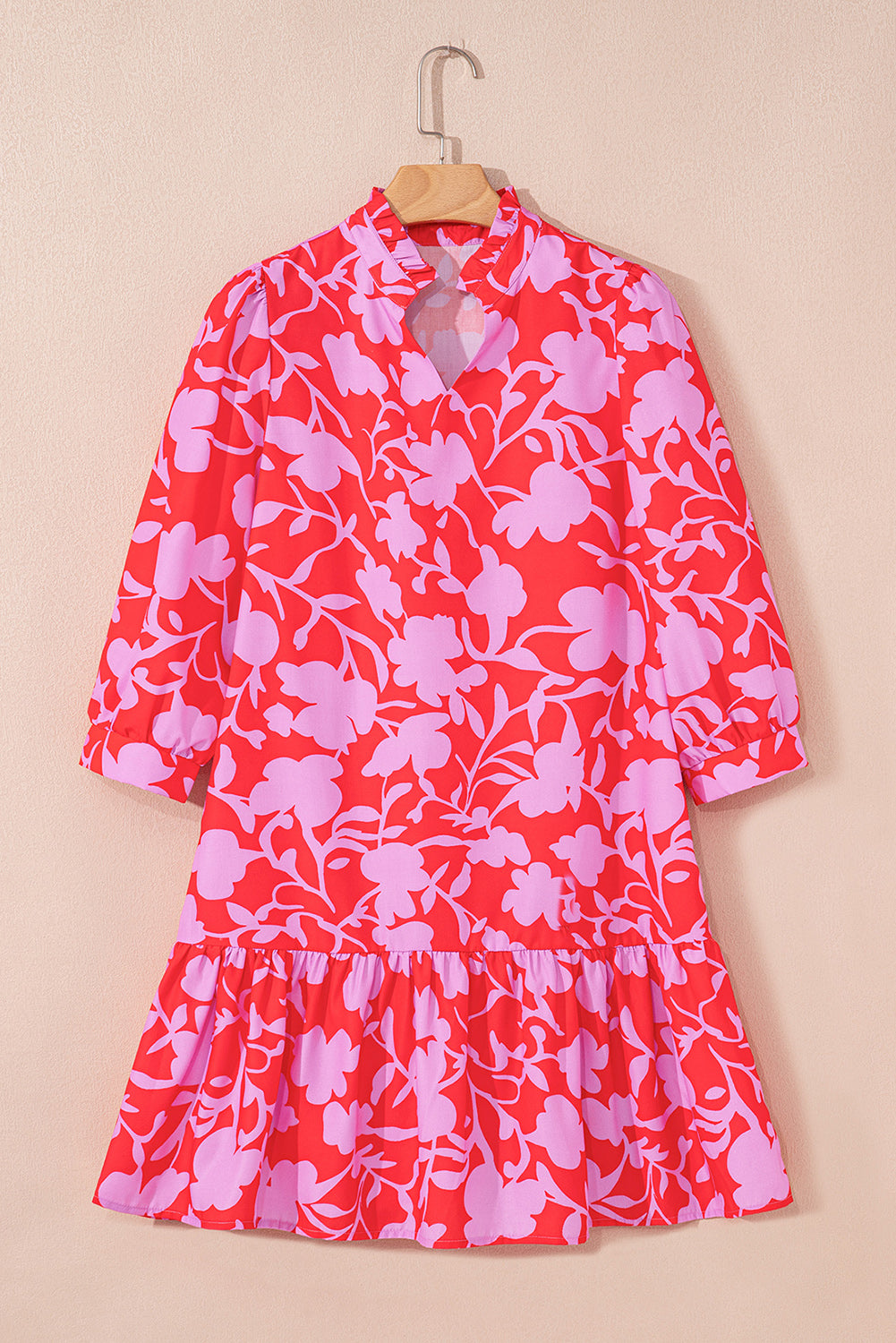 Red Floral 3/4 Sleeve Ruffle Hem Mini Dress 08b87a6ab5a410dd