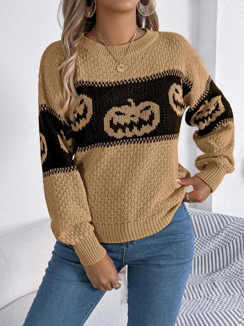 Pumpkin Round Neck Long Sleeve Sweater Camel 08c2fe68-4c7e-4804-8382-624371c4d58c-Max