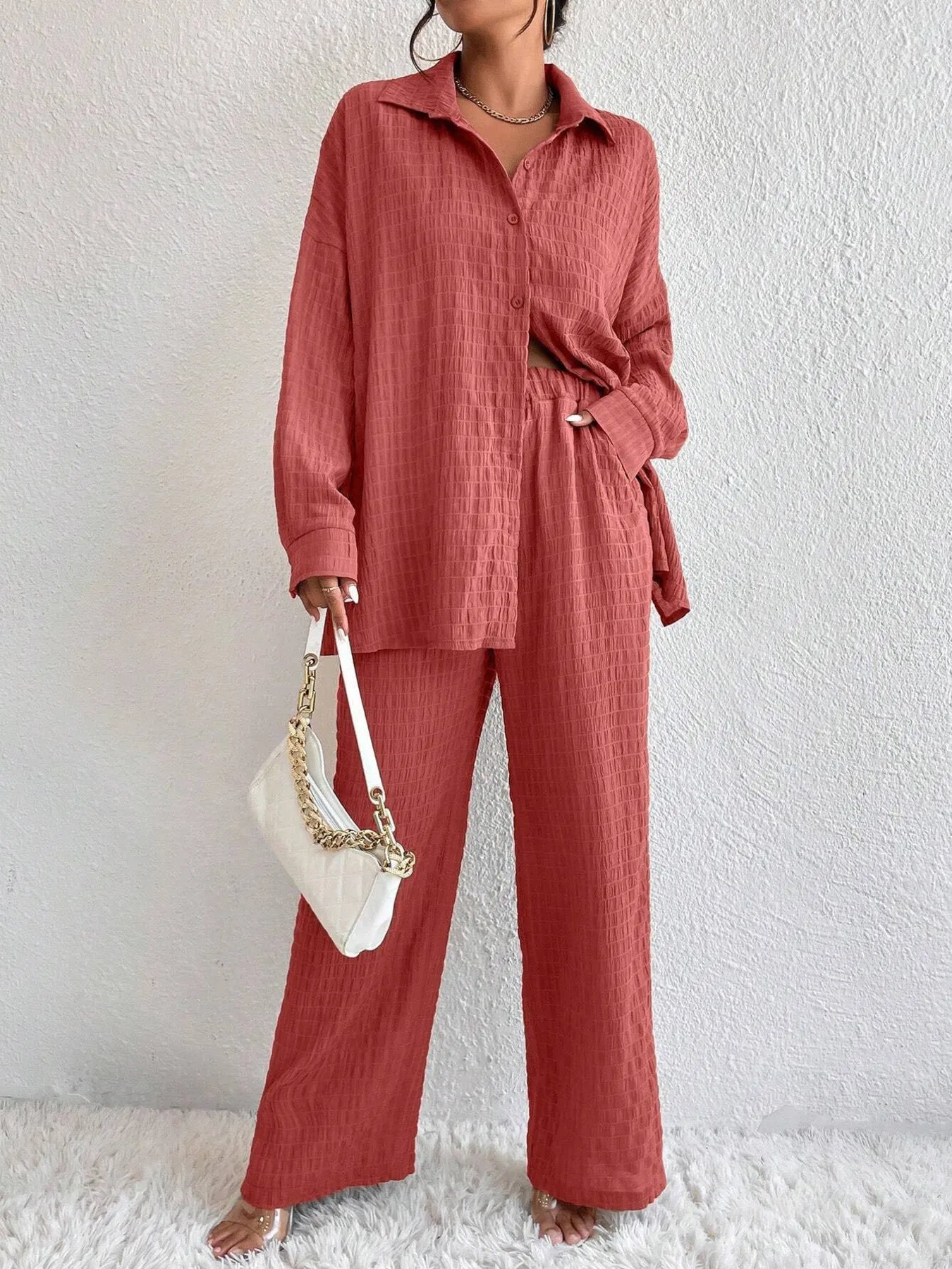 Button Up Long Sleeve Shirt and Pants Set Burnt Coral 08c489d8215e4524ad7479b1f7a4a4b9-Max-Origin