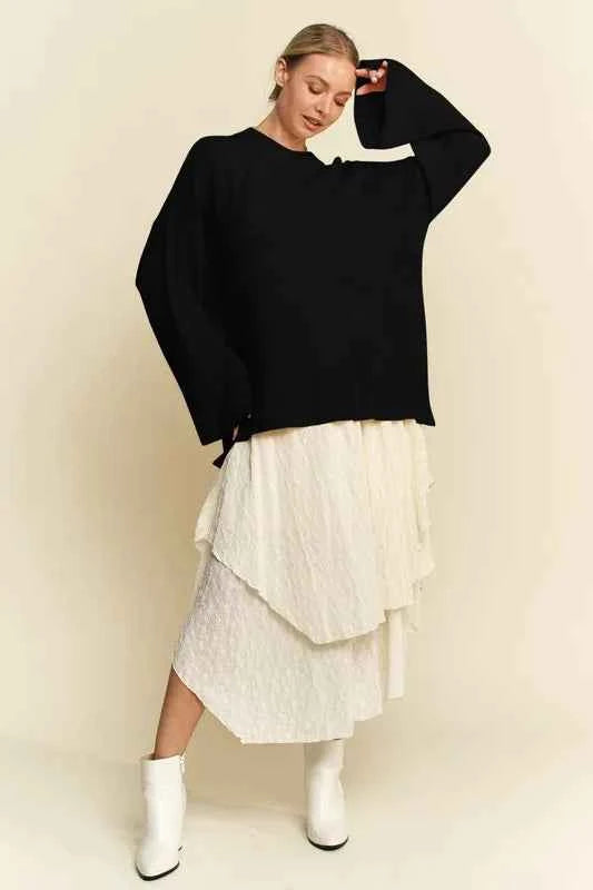 Davi & Dani High-Low Round Neck Drop Shoulder Sweater 08cf4cb4-8dae-4b64-b825-eed59d47eadd-Max