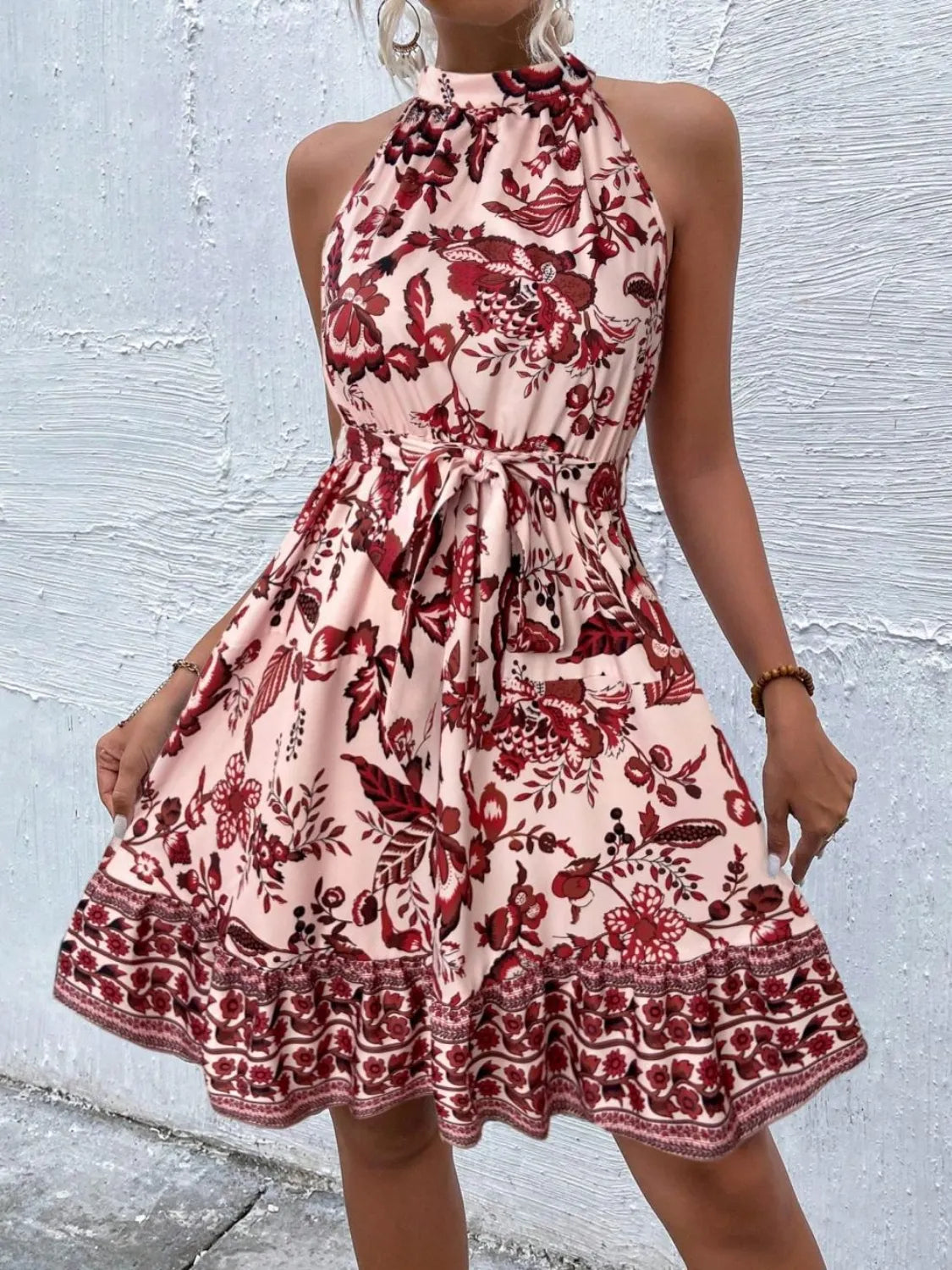 Printed Tie Waist Mini Dress Burgundy 08da87bd-8cfb-46db-82a6-b674fb503777-Max-Origin