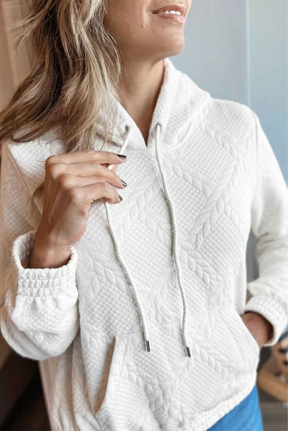 White Lattice Texture Kangaroo Pocket Hoodie White 95%Polyester+5%Elastane 08ec0020b8163ee2