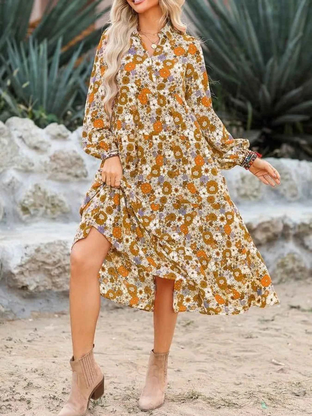 Floral Print Balloon Sleeve Midi Dress 08f64a3c54f34ed1b8e7554f44f65f33-Max-Origin