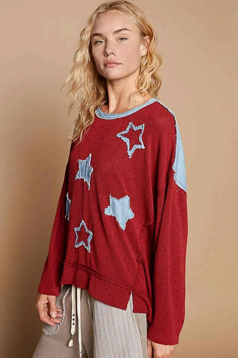 POL Exposed Seam Relaxed Fit Sweater with Star Denim Patch 08faddd8-521a-4a5a-8154-de12945d3b82-Max-Origin