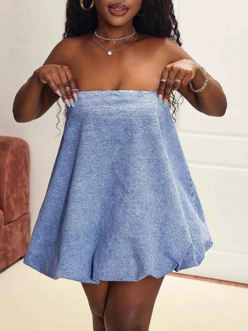 Tube Bubble Hem Denim Dress 091c9314e96541e99c987d5e45c94011-Max-Origin