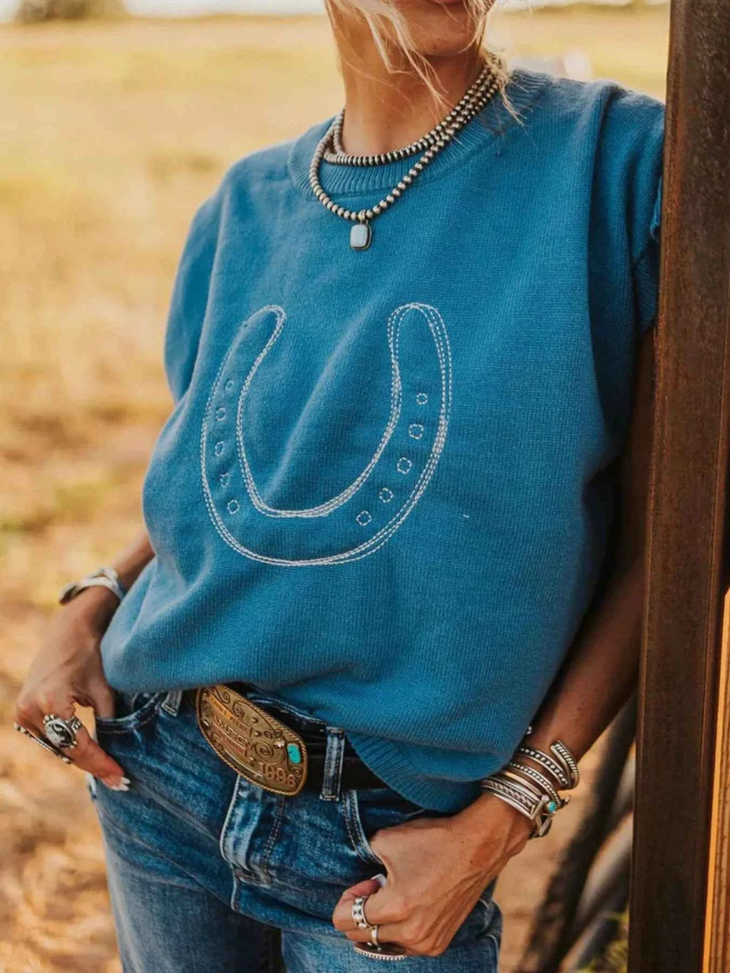 Horseshoe Graphic Round Neck Short Sleeve Sweater 0938322f-80d6-4721-8882-3f3cfb073bec-Max-Origin