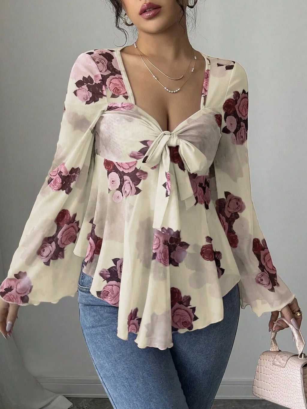 Floral Tie Front Flare Sleeve Blouse 093ce1ec-dae9-4a85-a0f1-e90f4d6f42ff-Max-Origin