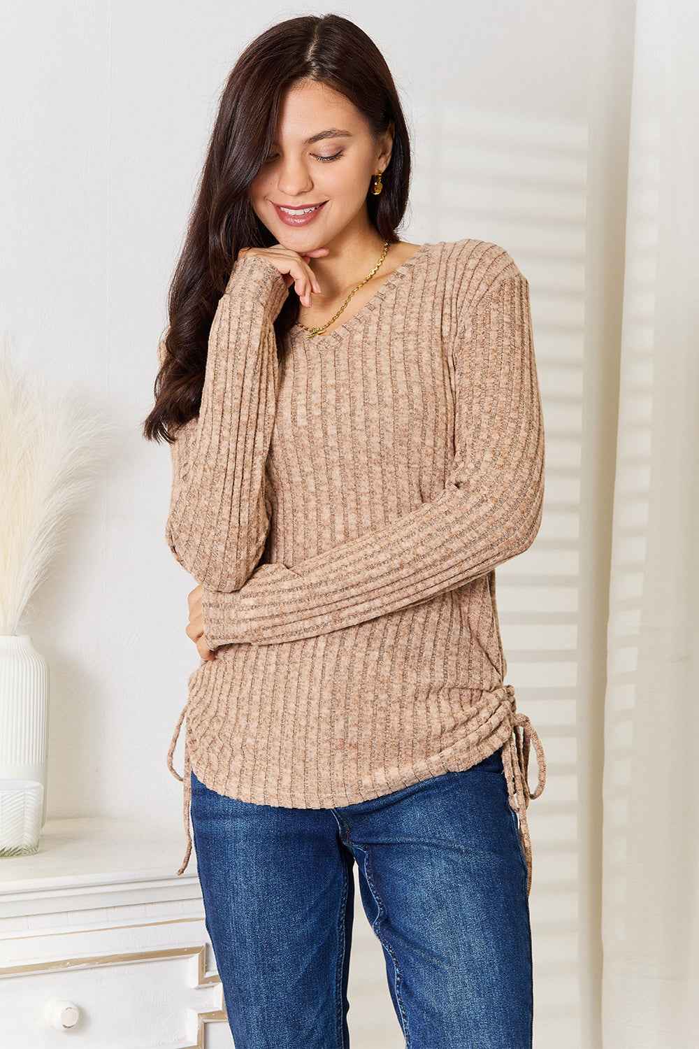 Double Take Drawstring Ribbed Long Sleeve T-Shirt Khaki 0958bb8abbac46ffa75122683730d47c-Max