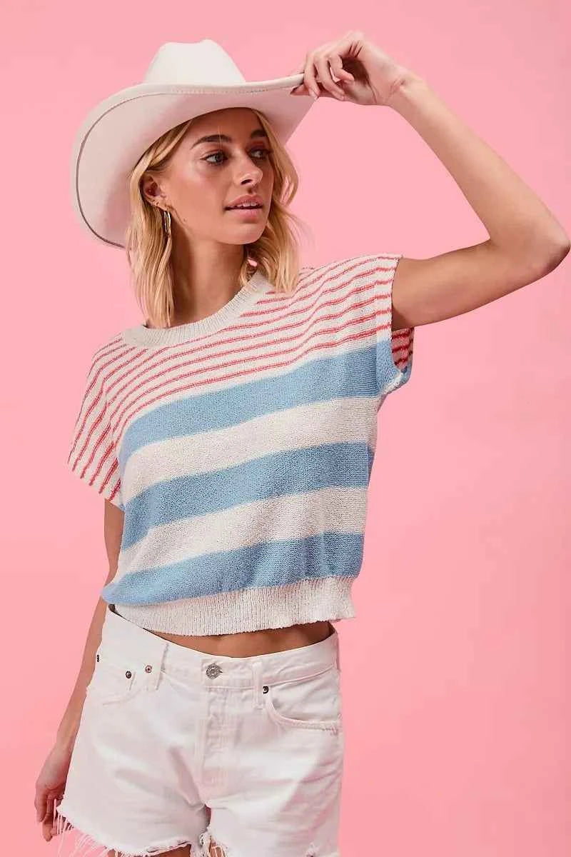 BiBi Stripes Lightweight Short Sleeve Sweater 09599e27c3fd4f7e9d74c2c6ed545d77-Max-Origin
