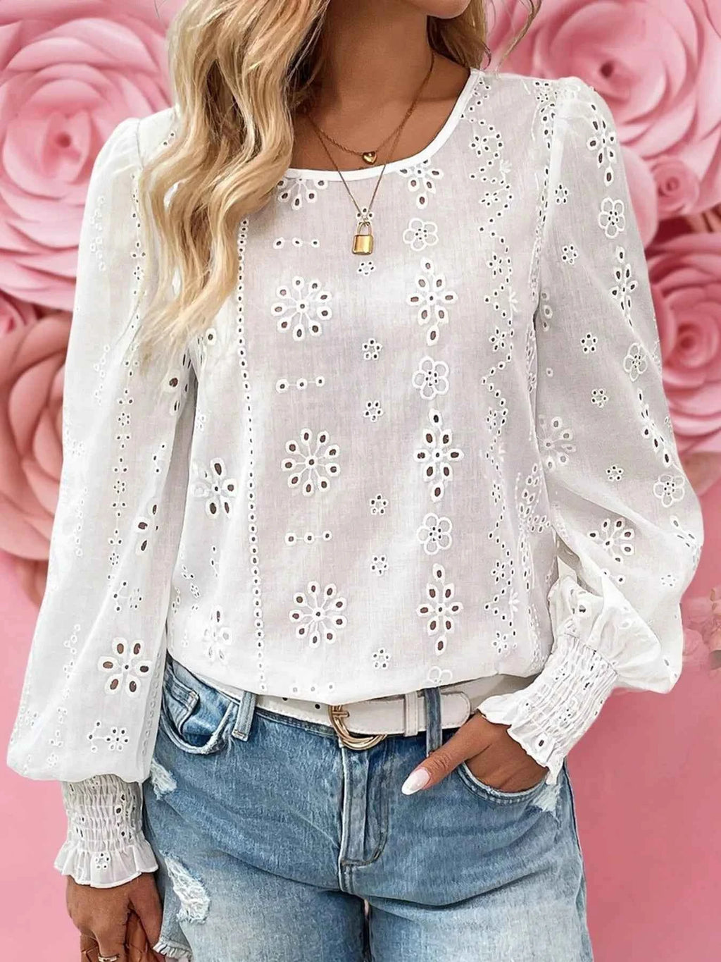 Eyelet Long Sleeve Blouse with Elastic Cuffs 096441c8-b91c-4d63-81ba-a68fd09e2271-Max-Origin