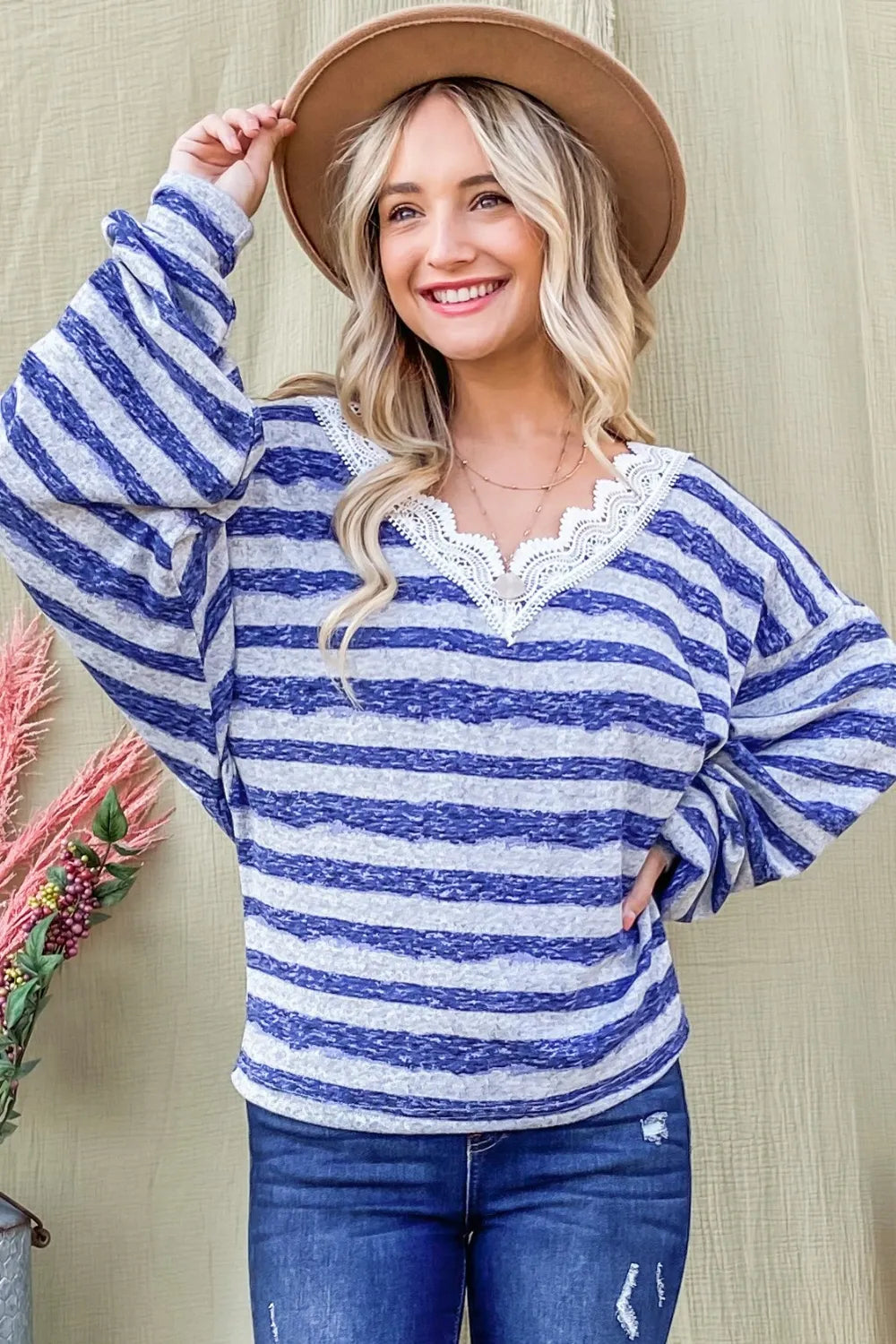 And The Why Striped Lace Detail V Neck Top BLUE 096954f5-dc18-4cf1-8d77-07b0a2226f51-Max