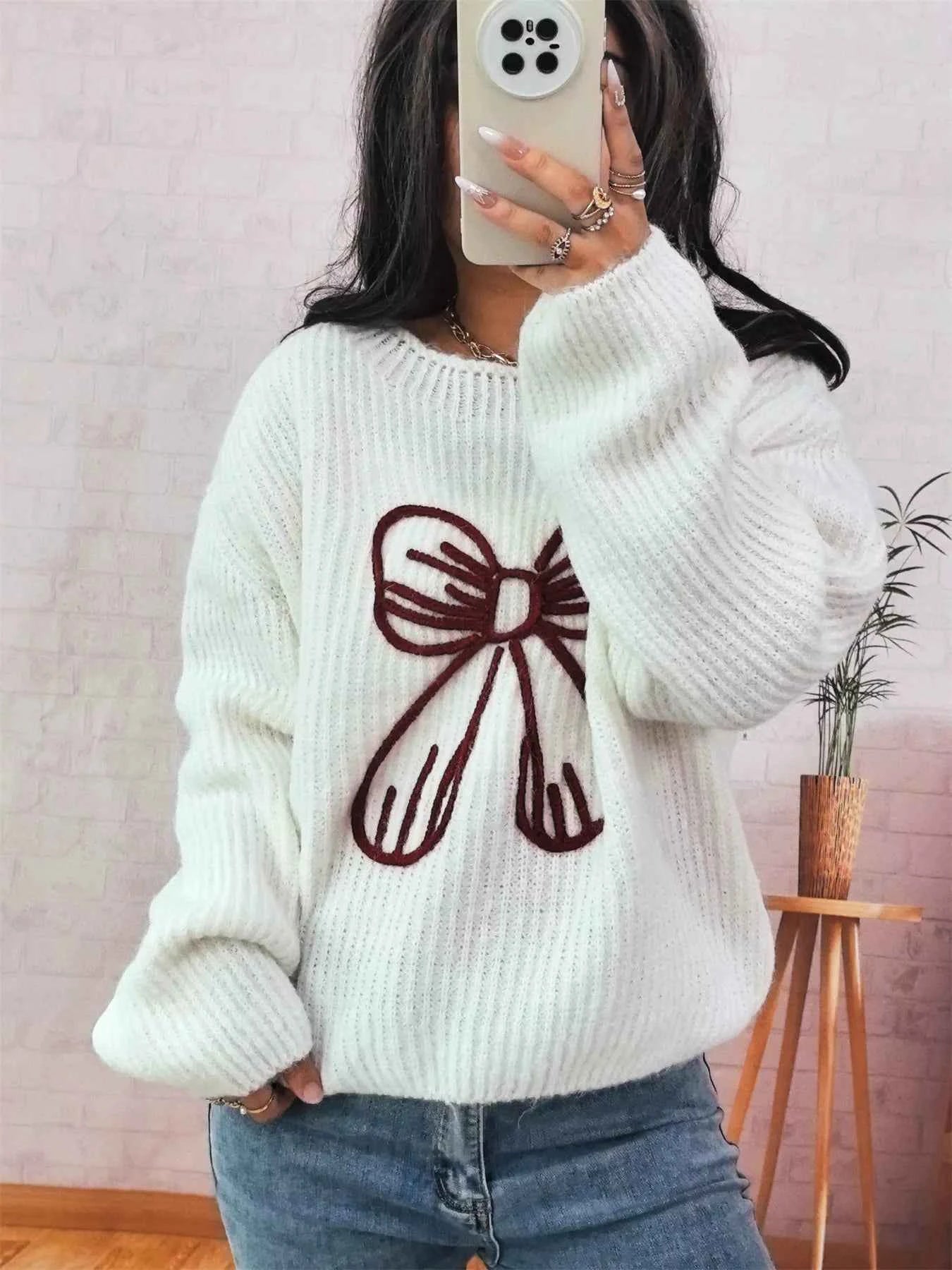 Bow Round Neck Long Sleeve Sweater 0996ffa7050a43adb4a363383979ea9e-Max-Origin