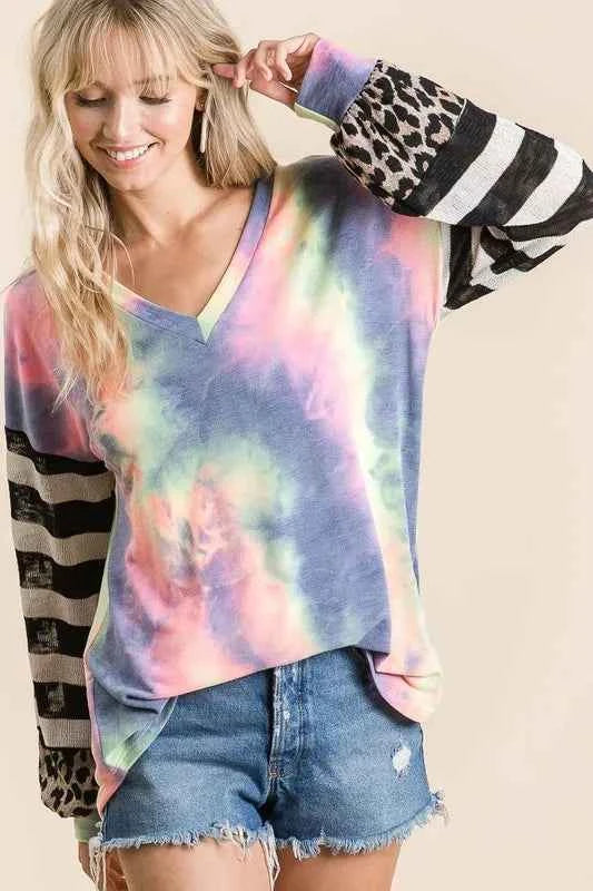 BiBi Tie Dye V Neck Top with Stripe Puff Sleeves 09a921fa2ff24ced922cfd7d1aafb5eb-Max-Origin