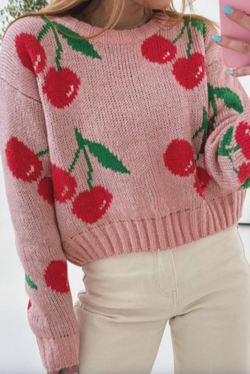 Pink Cherry Print Round Neck Knit Sweater Pink 100%Polyester 09b6b97e0a54a19b