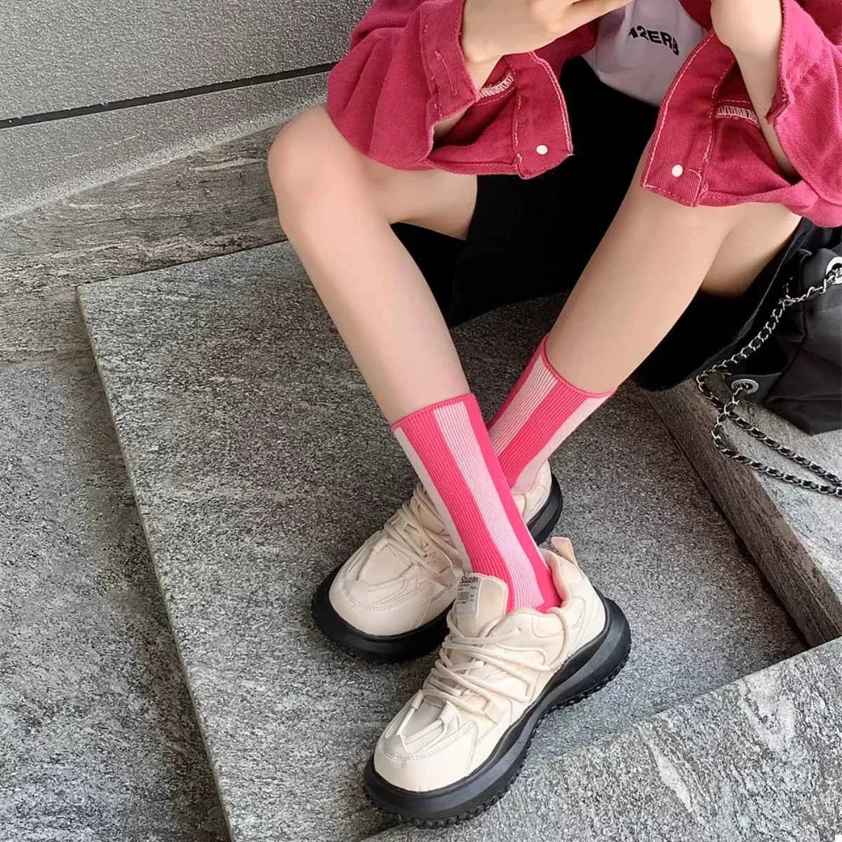 Contrast Striped Crew Socks Pink One Size 09bf9bad-8a33-449d-892a-0dee4398f03c-Max-Origin